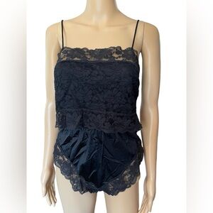 First Love Vintage 70s Black Goth Romantic Floral Lace Lingerie Romper Teddie